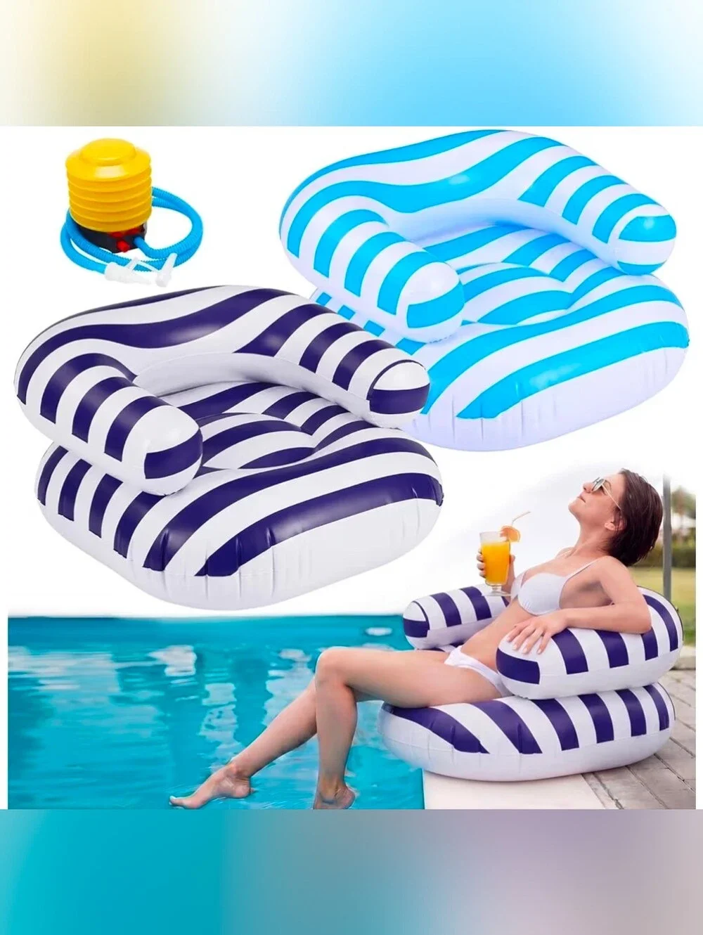 Striped Inflatable Lounge Chairs - Blue & Navy 2PCS - Picture 1 of 6